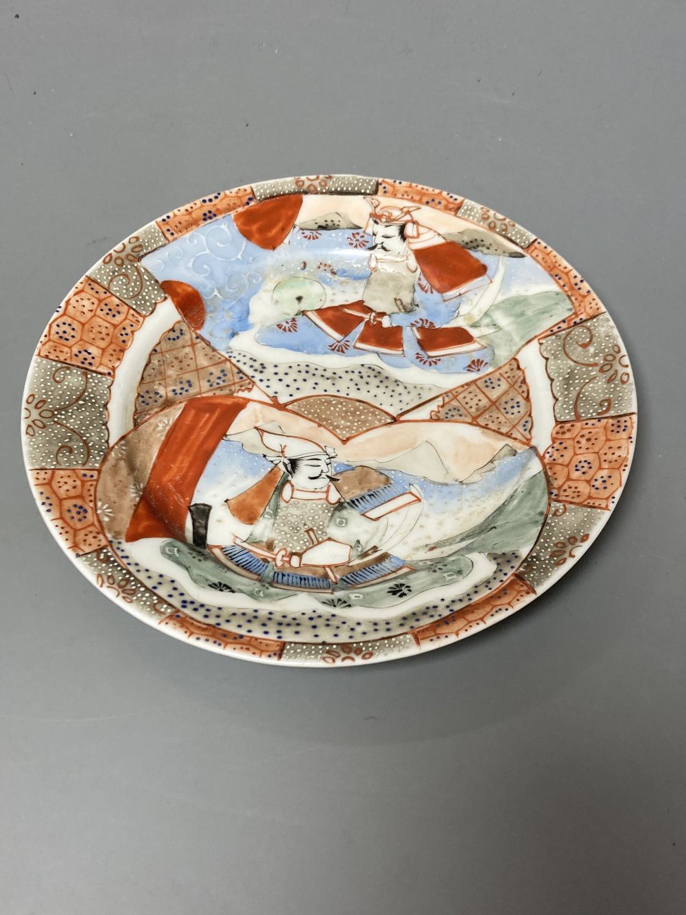Two Japanese plates, a cloisonne vase and a seal paste box, largest 24.5cm